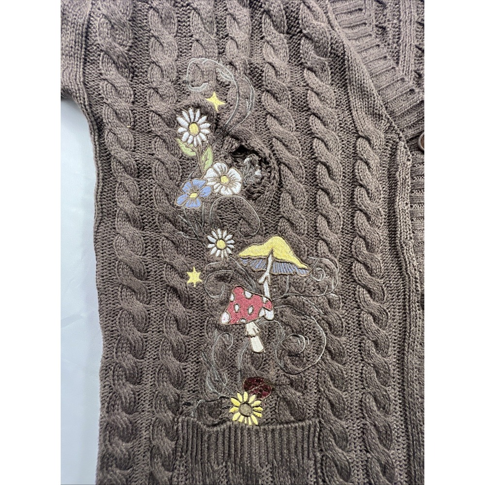 Embroidered Mushroom Frog Distressed Cardigan Sweater Large Brown BNWT Hot topic - Picture 10 of 15